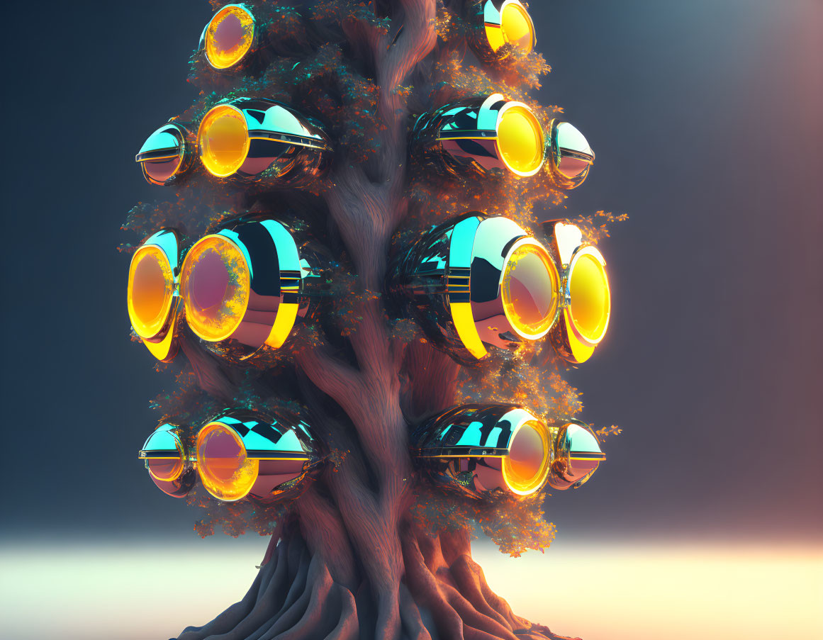 Fantastical tree with glowing orbs in twilight sky