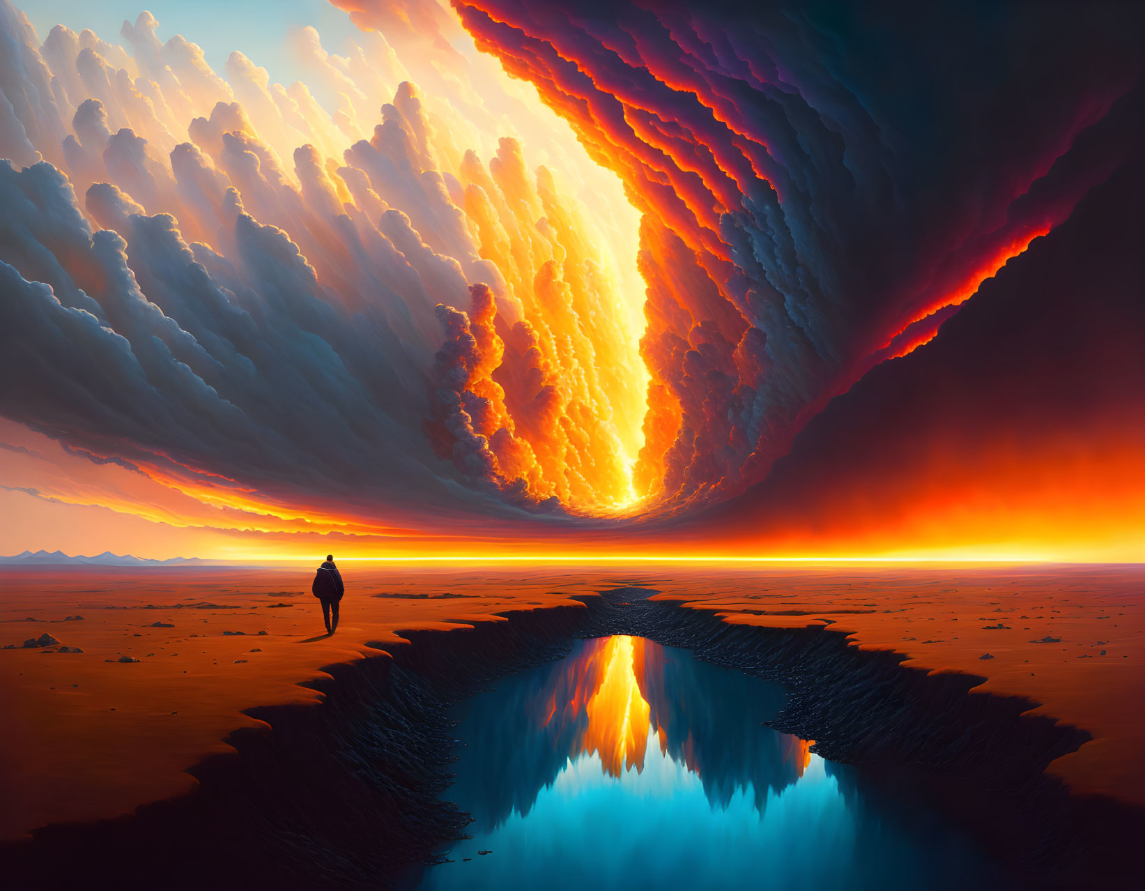 Fiery sky reflected in water crevice amidst desert landscape