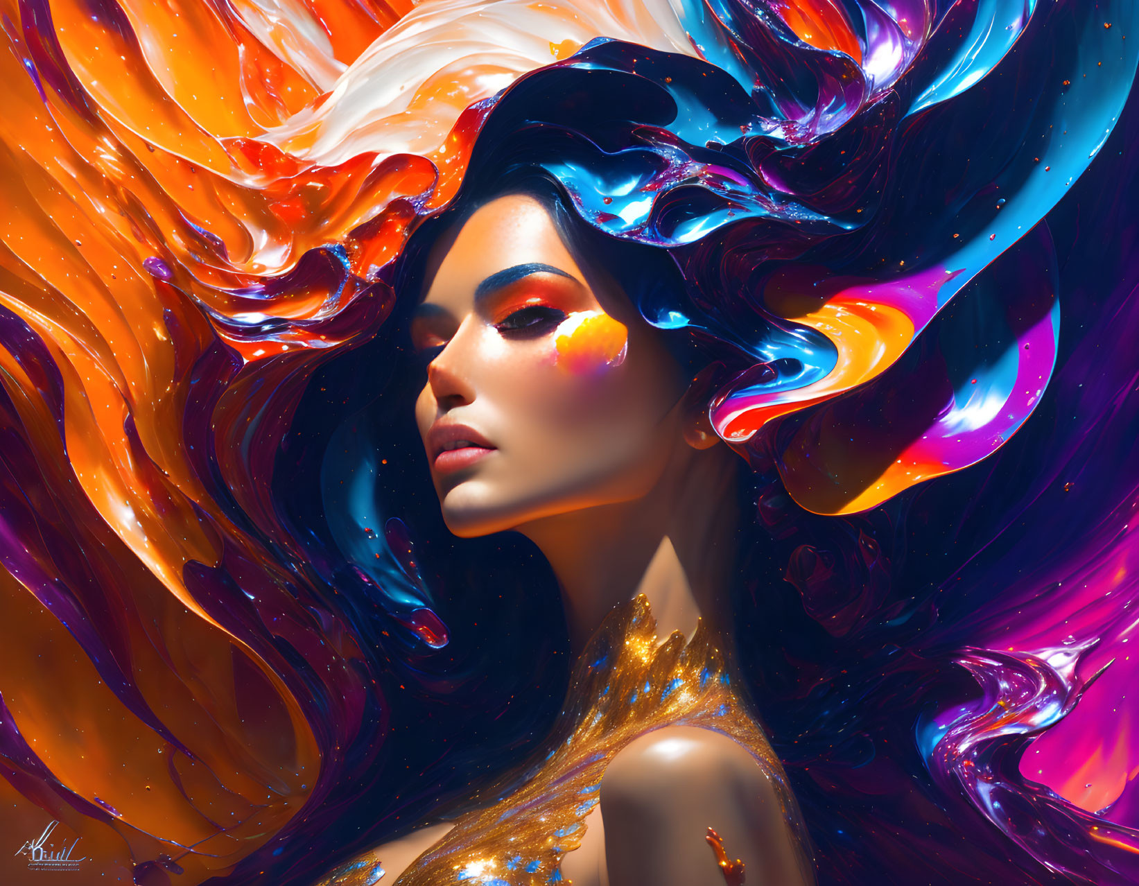 Colorful digital artwork: Woman with multicolored hair and golden skin accents.