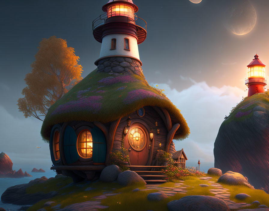 Charming cottage with attached lighthouse in twilight setting