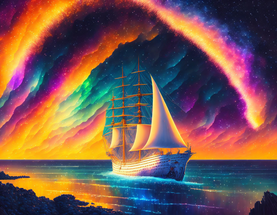 Colorful seascape with sailing ship under rainbow sky and dynamic reflections.