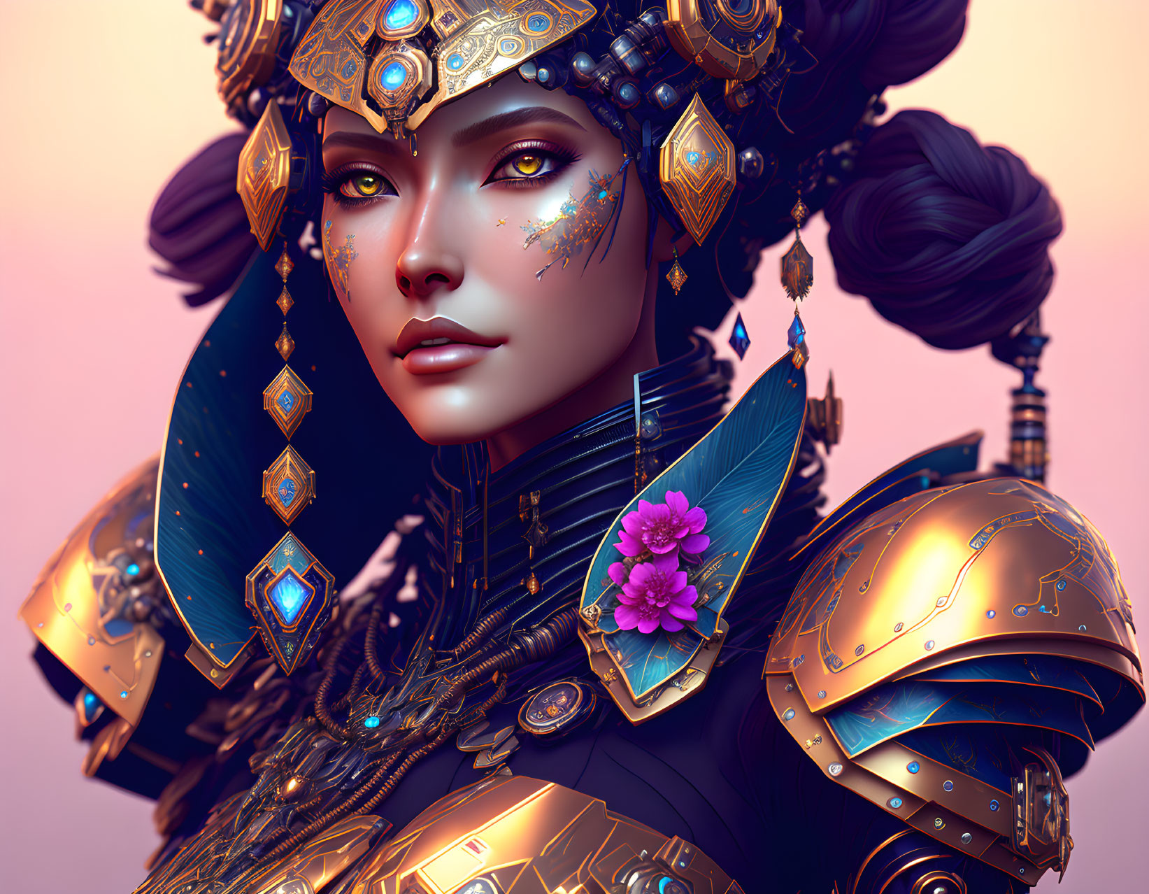 Digital artwork: Woman in golden armor with gemstones and headdress.