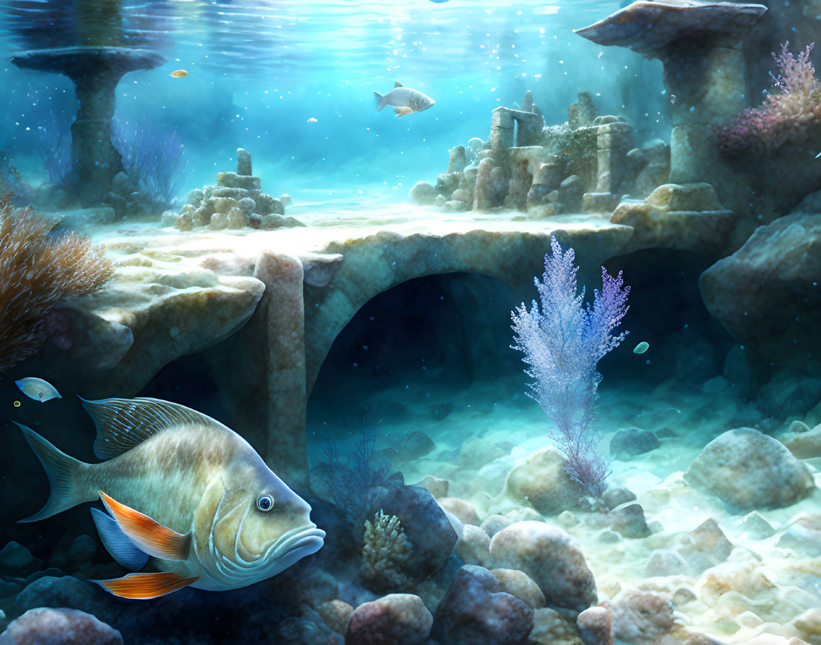 Colorful Underwater Scene with Fish, Coral, and Ruins