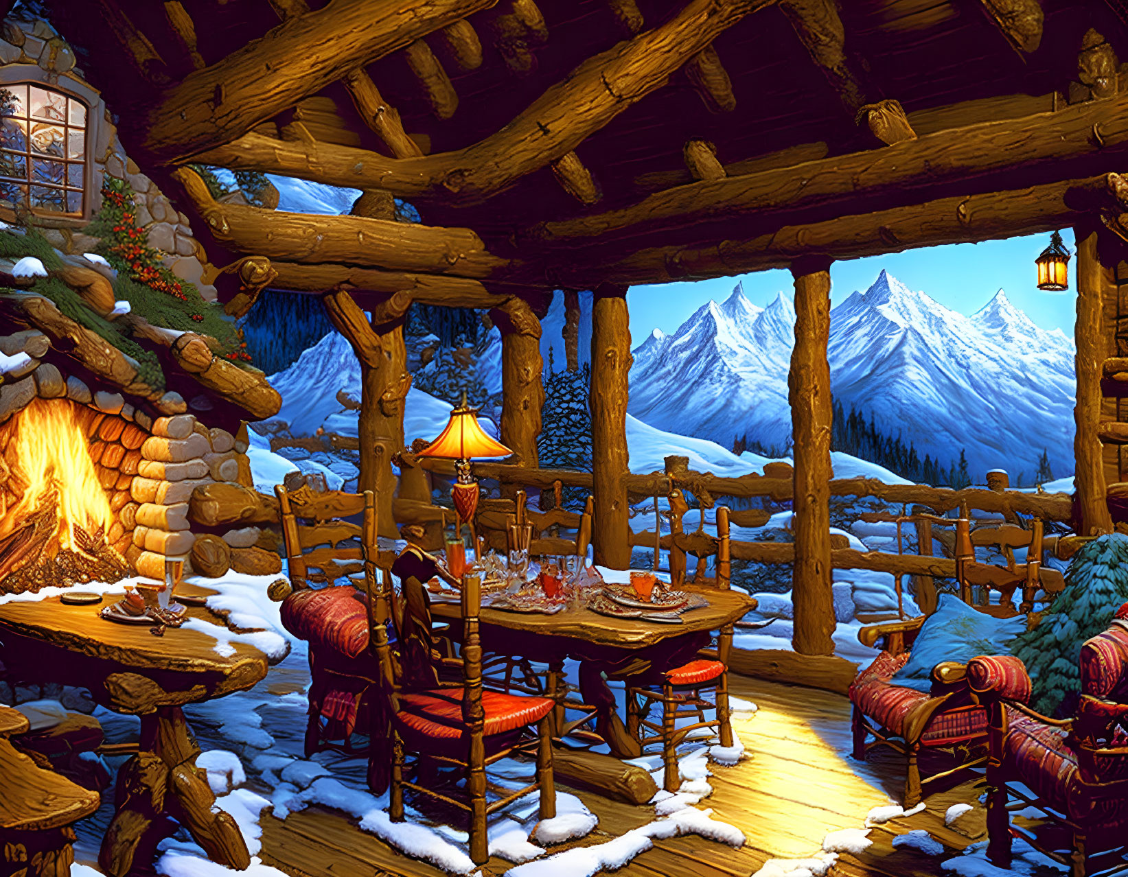 Snowy Mountain View from Rustic Log Cabin Interior