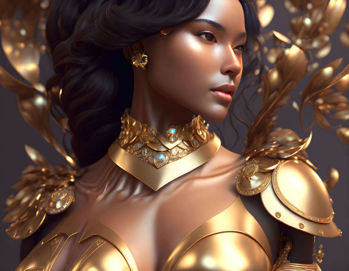 Digital artwork of woman in ornate golden armor with leaf-like designs