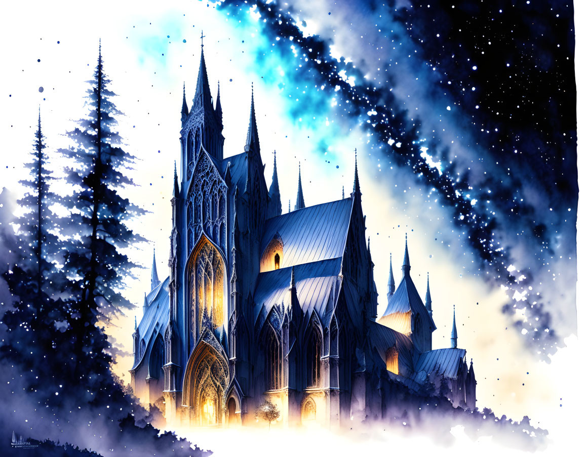 Gothic Cathedral Night Scene with Illuminated Windows & Snow-Covered Pine Trees