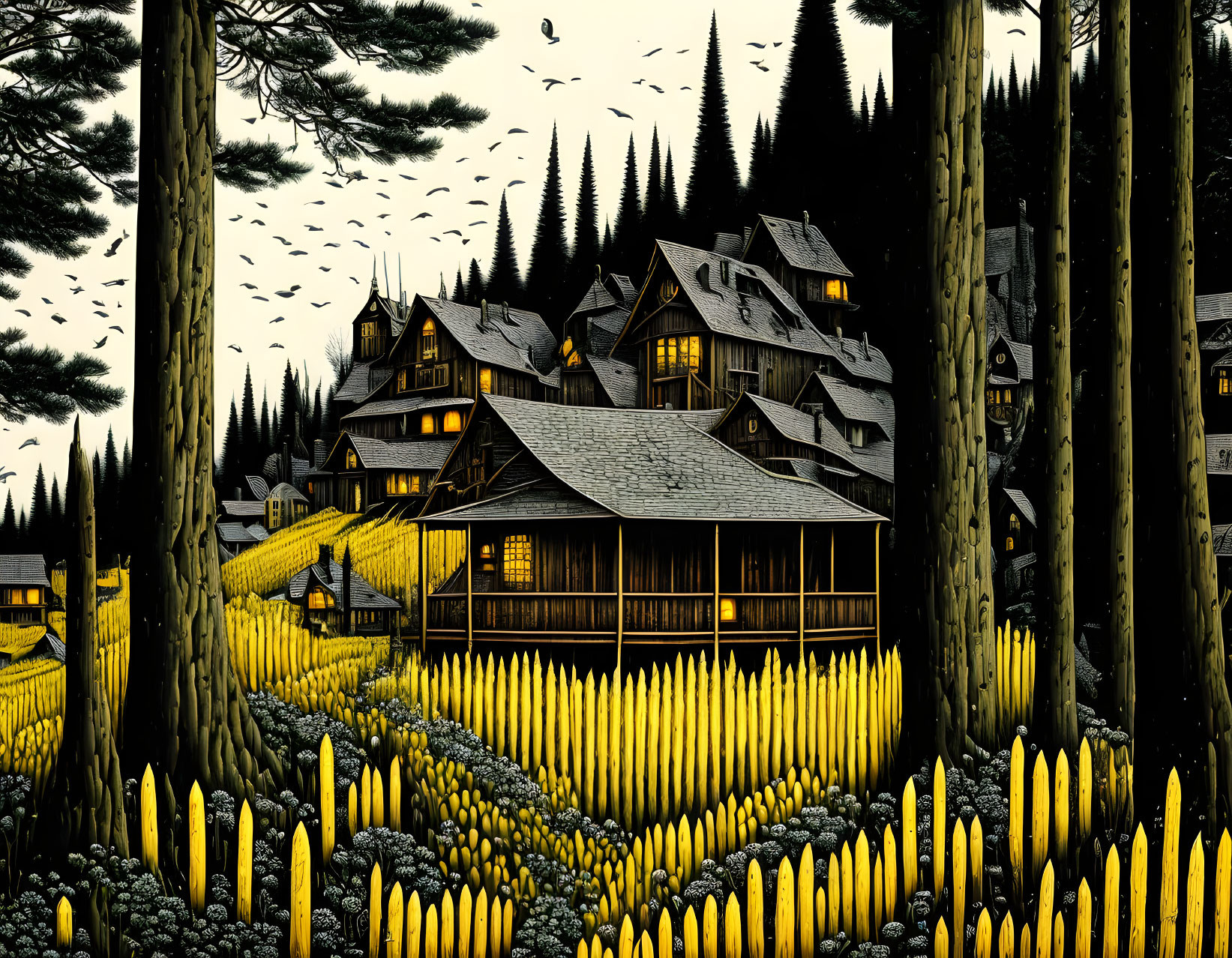 Detailed illustration of stylized village with tall trees, golden houses, and dusky sky.