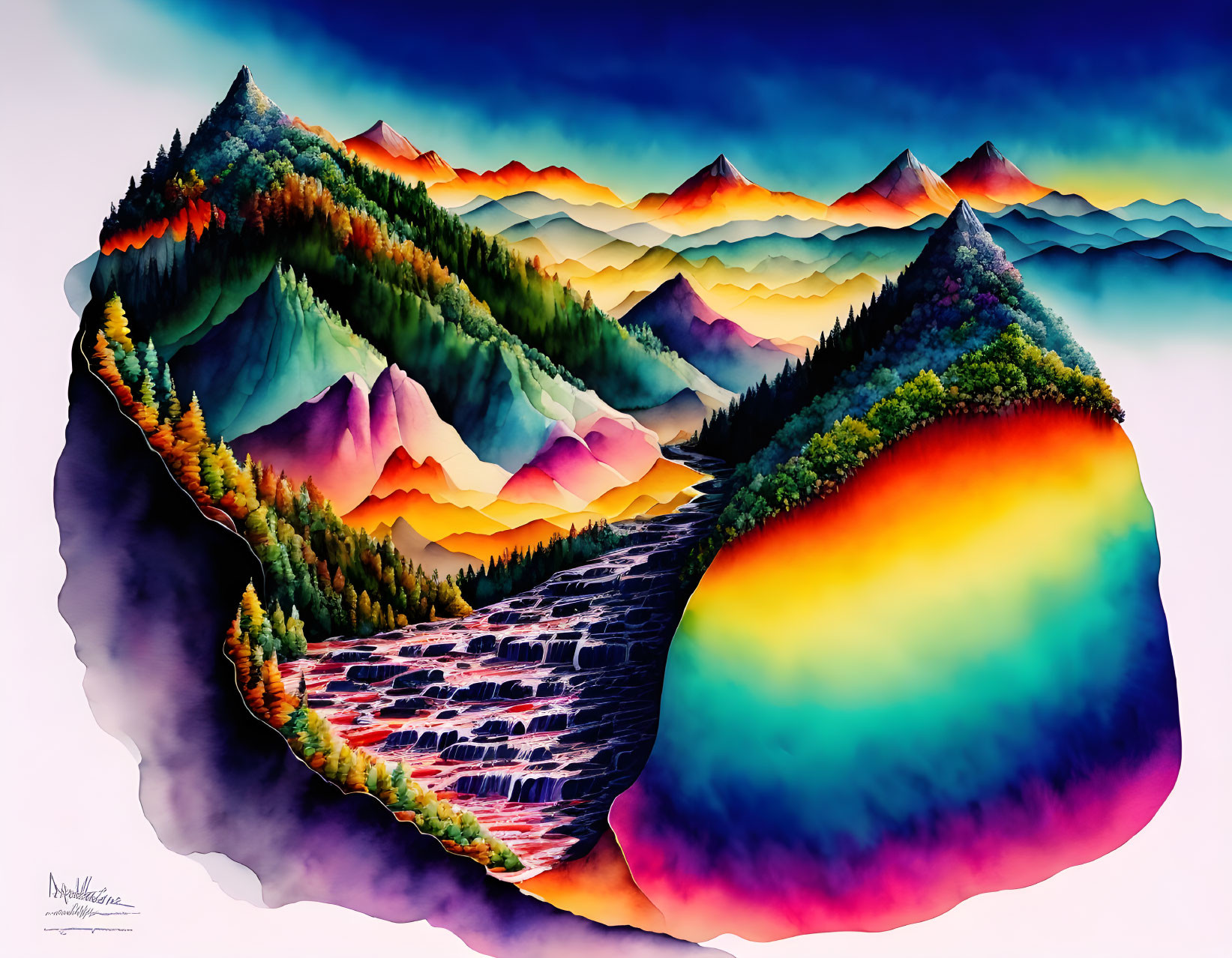 Colorful Watercolor Painting of Mountain Ranges & Waterfall