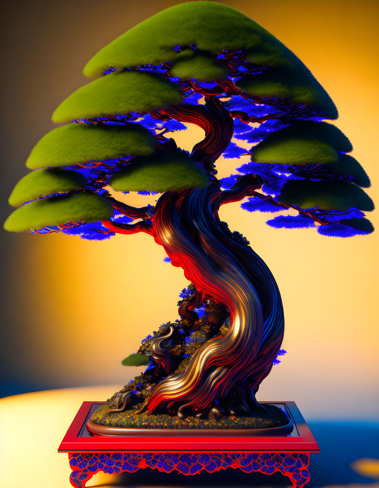 Colorful Digital Artwork of Bonsai Tree on Gradient Background