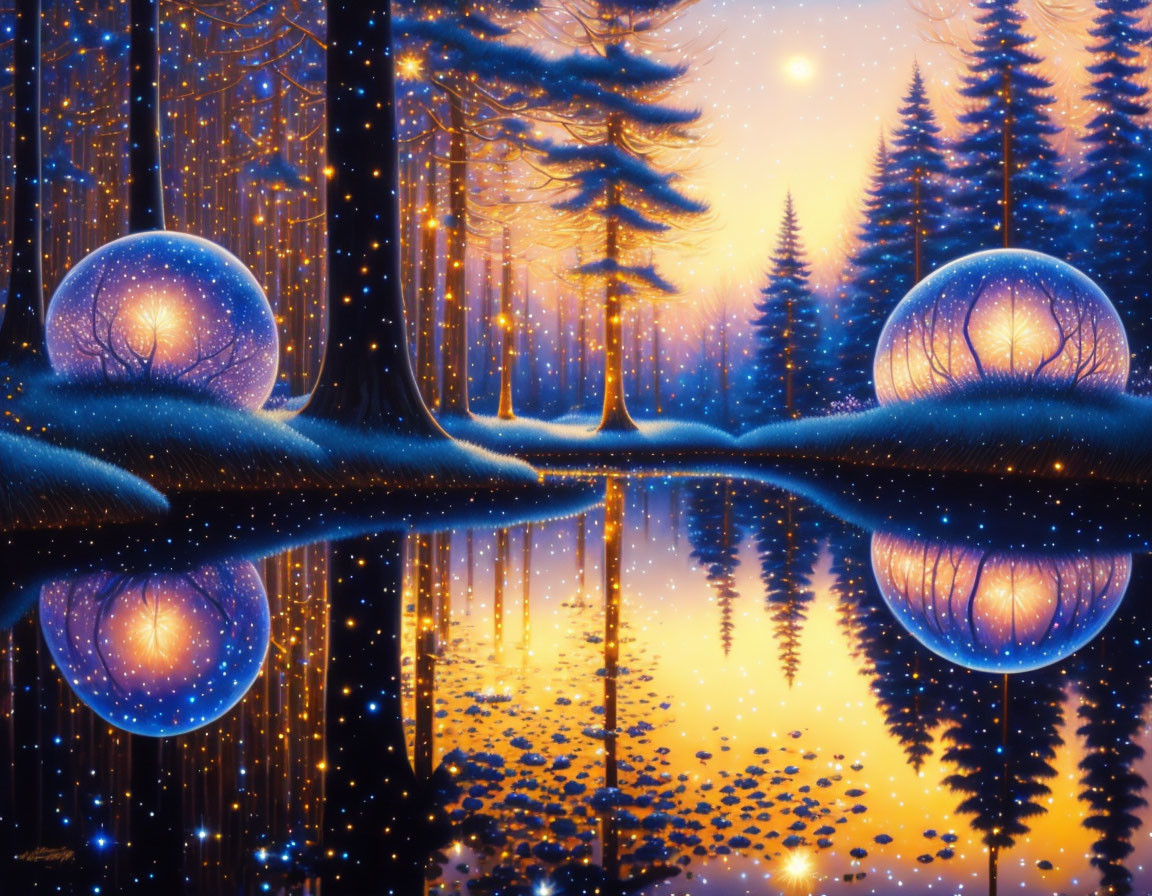 Glowing trees and orbs in serene fantasy landscape