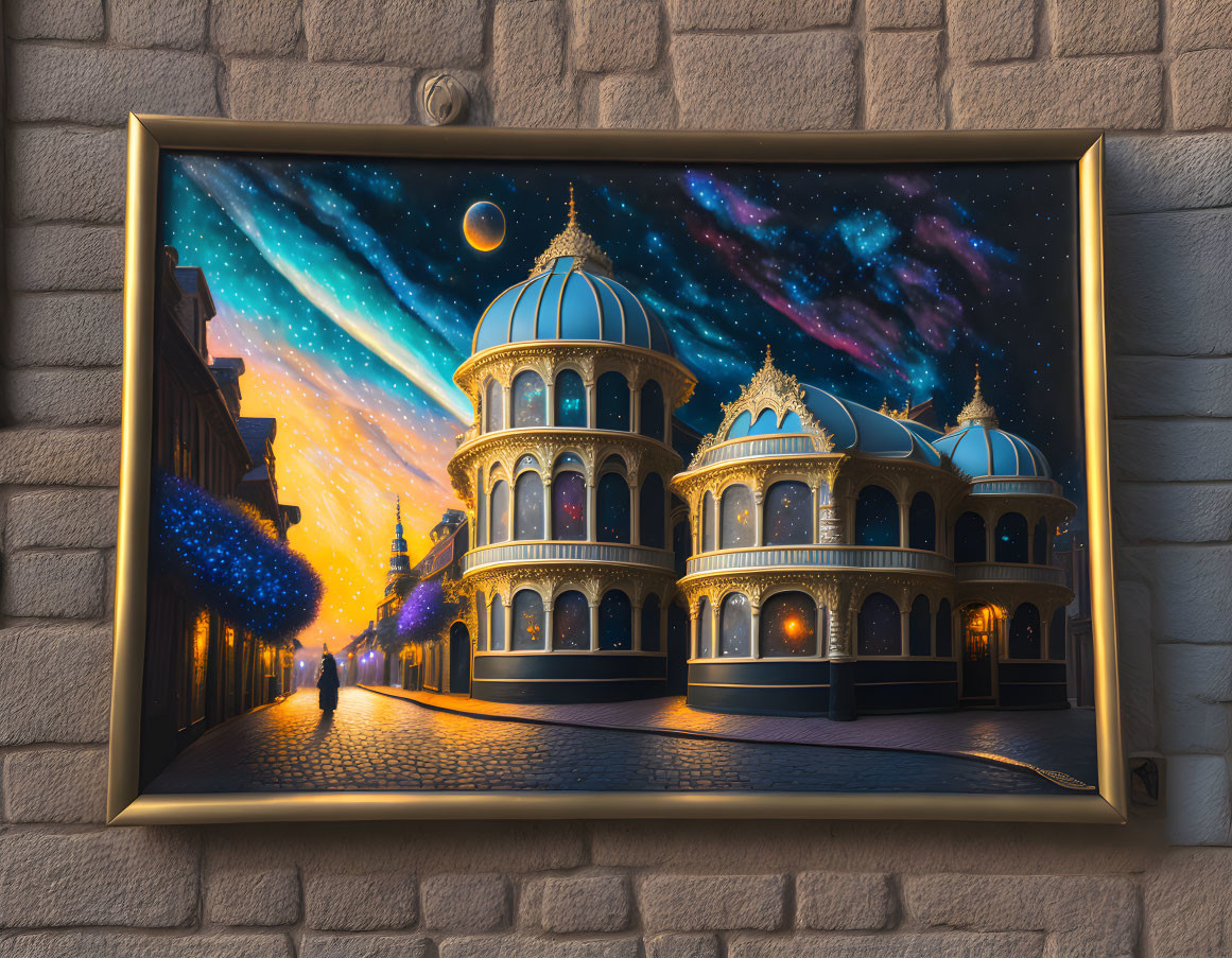 Fantastical palace painting under starry sky on brick wall