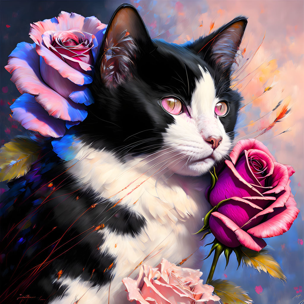 Colorful artwork: Black and white cat with pink eyes holding a pink rose