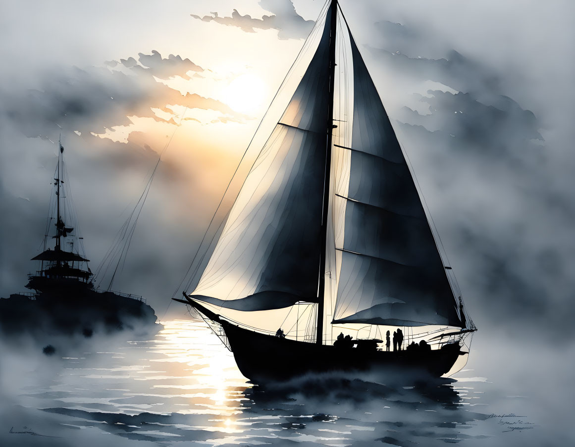 Sailboat with billowing sails on calm waters under hazy sun