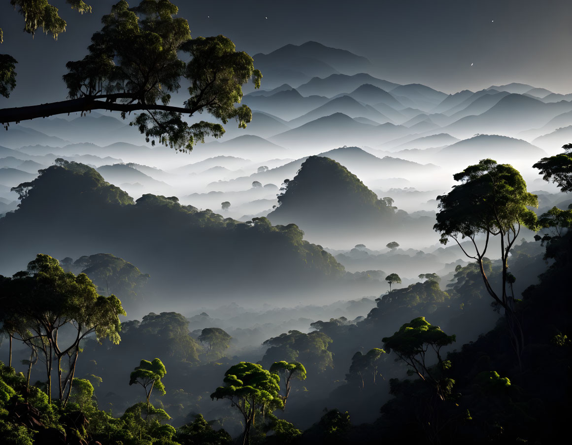 Dawn Misty Forest with Mountain Silhouettes and Starry Sky