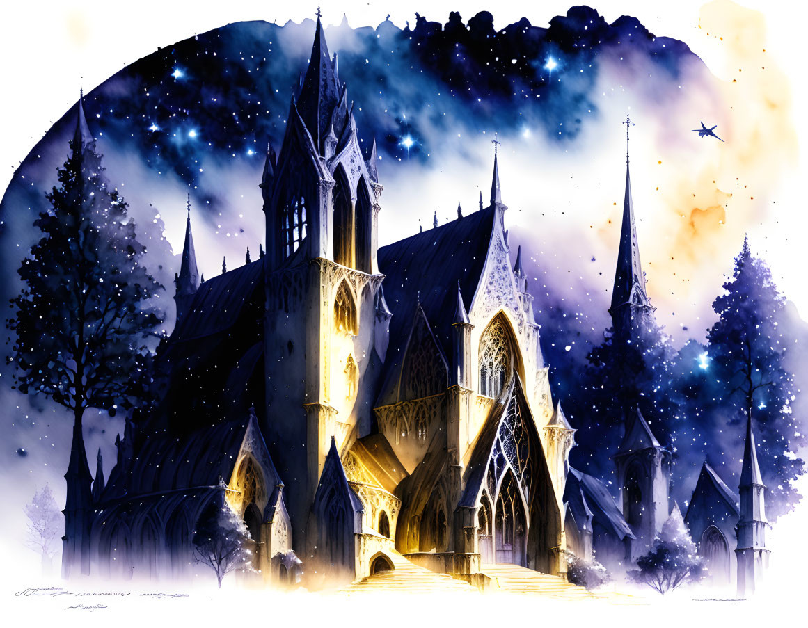 Gothic-style cathedral at night with airplane, starry sky, and snowflakes