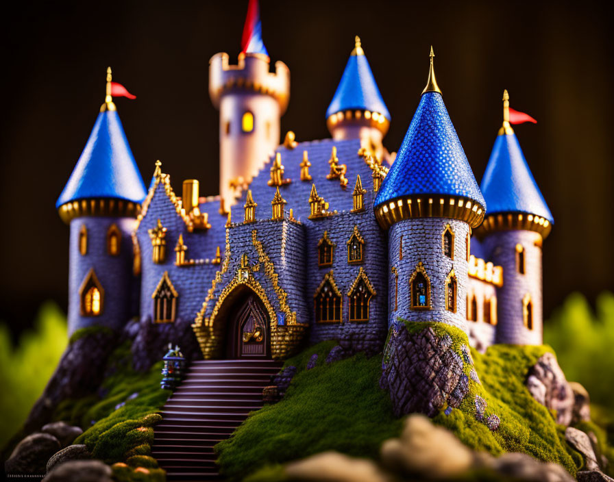 Miniature fairy-tale castle with blue roofs and red flags on towers against dark background