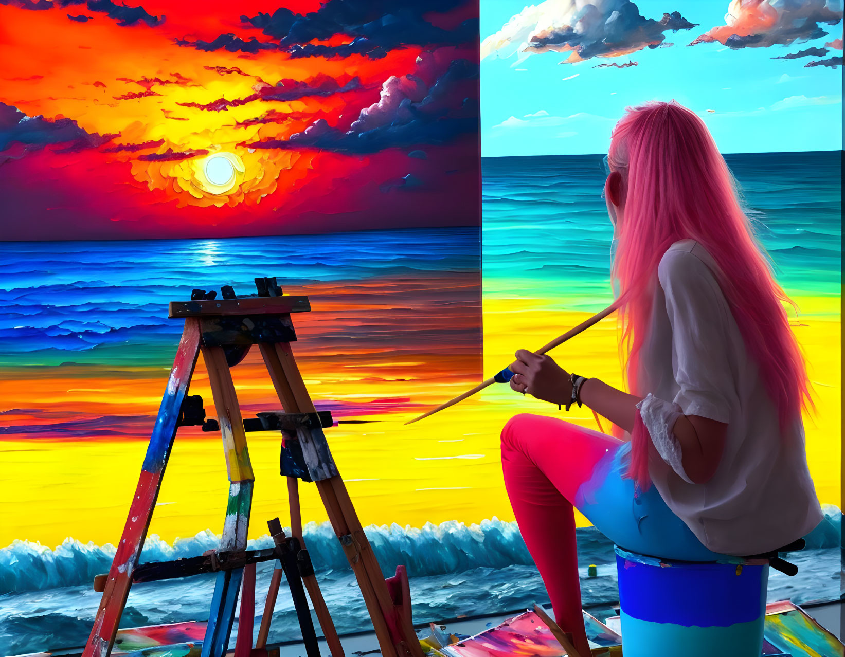 Pink-haired person painting vibrant ocean sunset on blue stool