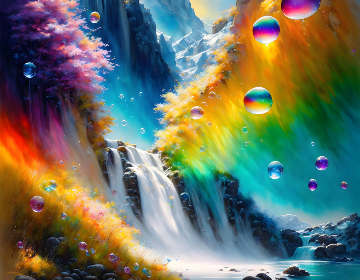 Scenic landscape: waterfall, colorful trees, iridescent bubbles, mountain.