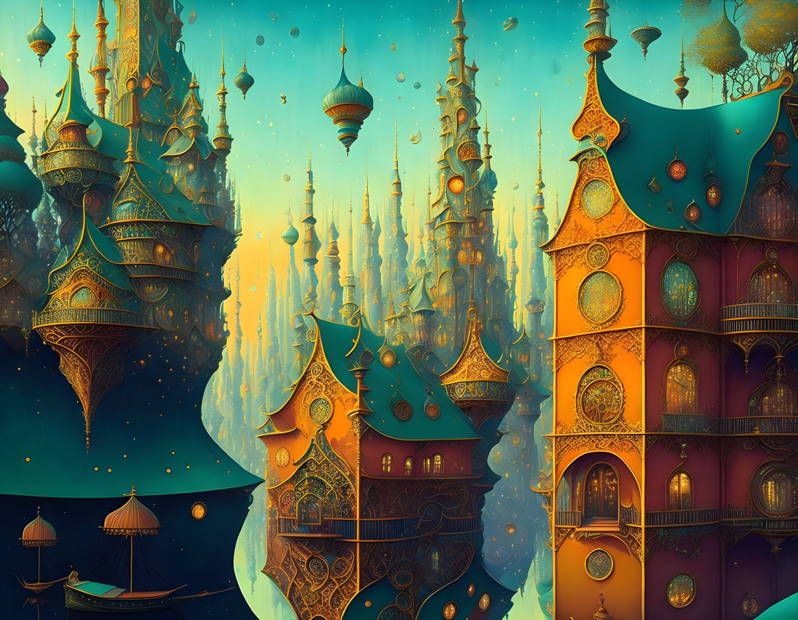 Colorful Spire-Topped Towers in Fantasy Landscape