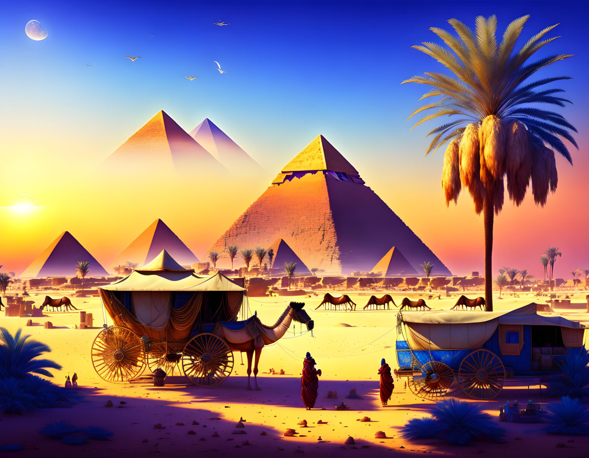 Illustration of Egypt's Pyramids at Sunset with Camel, Caravan, and Traditional Attire People