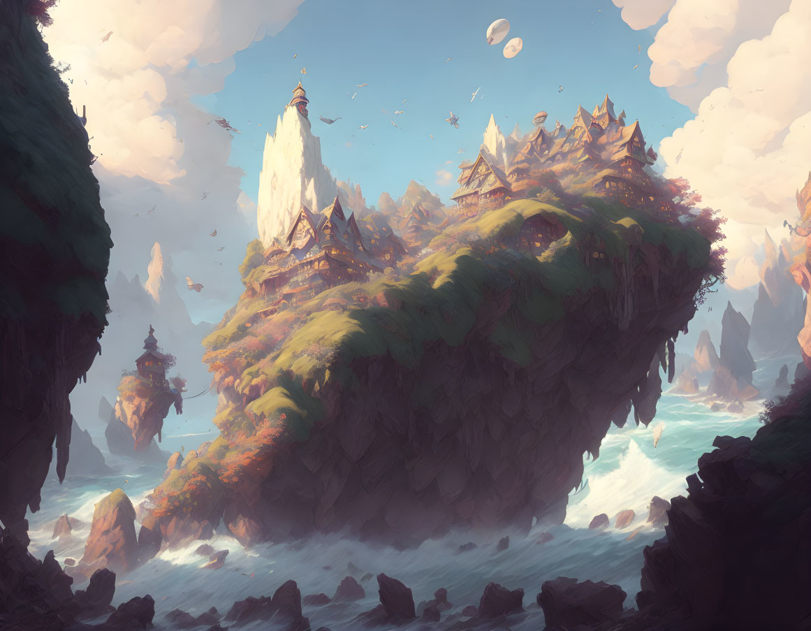 Floating island with buildings and greenery overlooking tumultuous sea and sky with floating rocks.