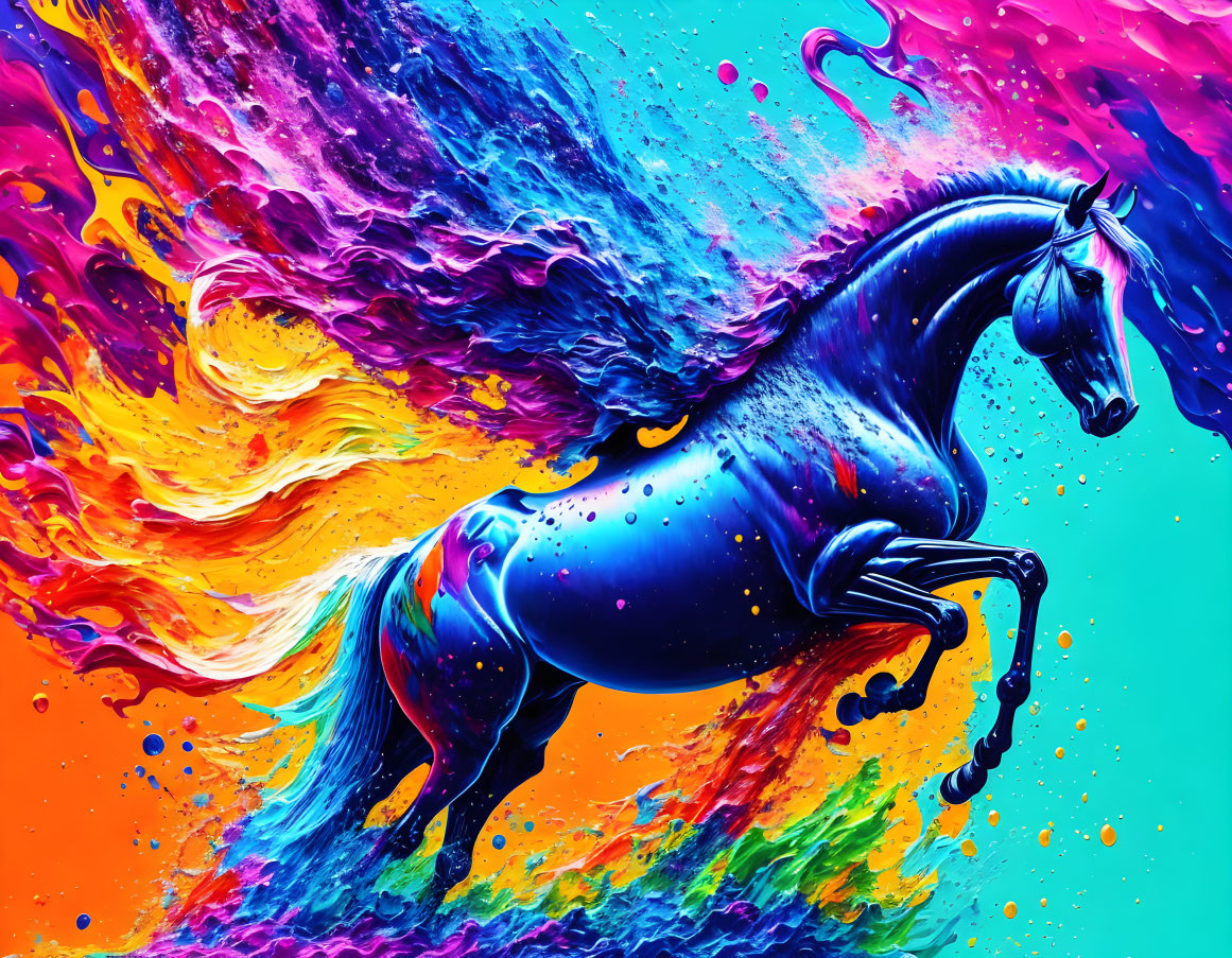 Vibrantly colored surreal horse with rainbow mane and tail