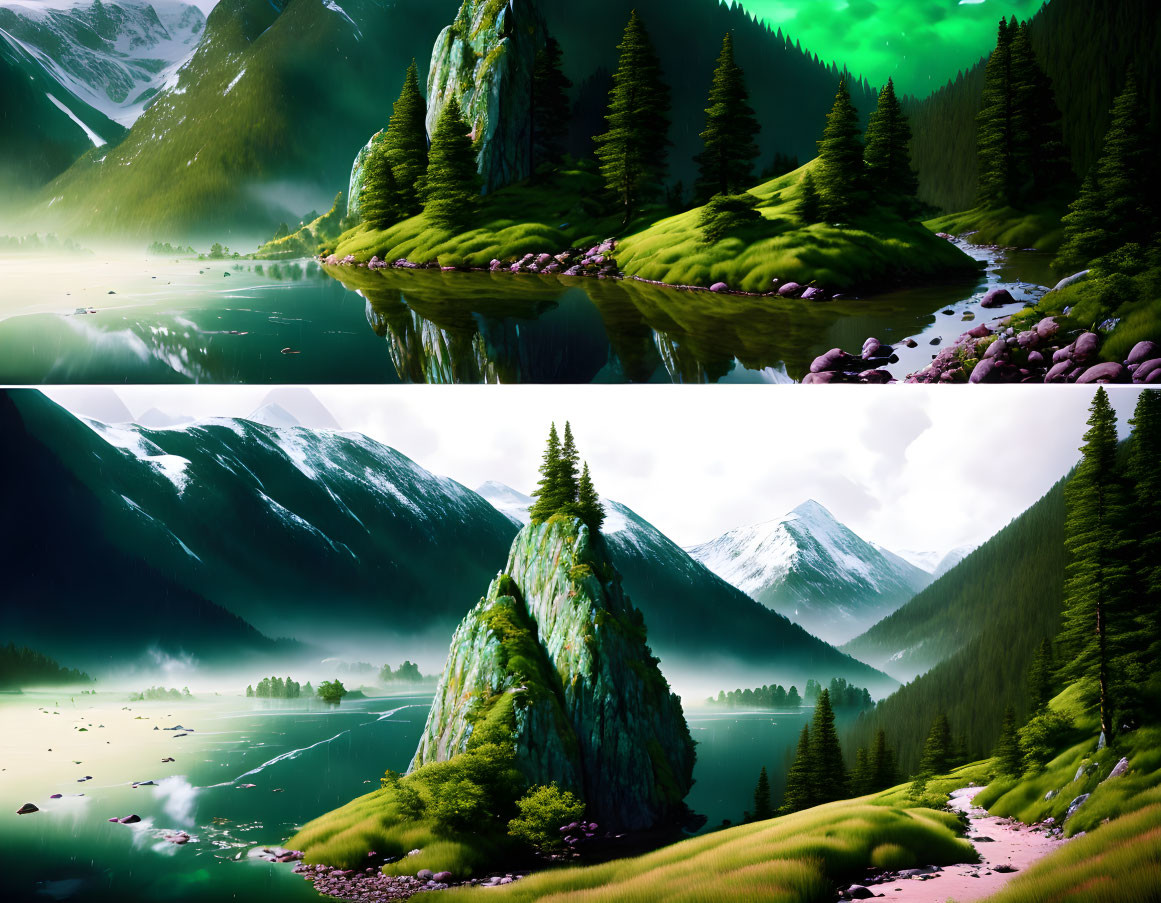 Lush green valley with cliffs, river, aurora, and mountains