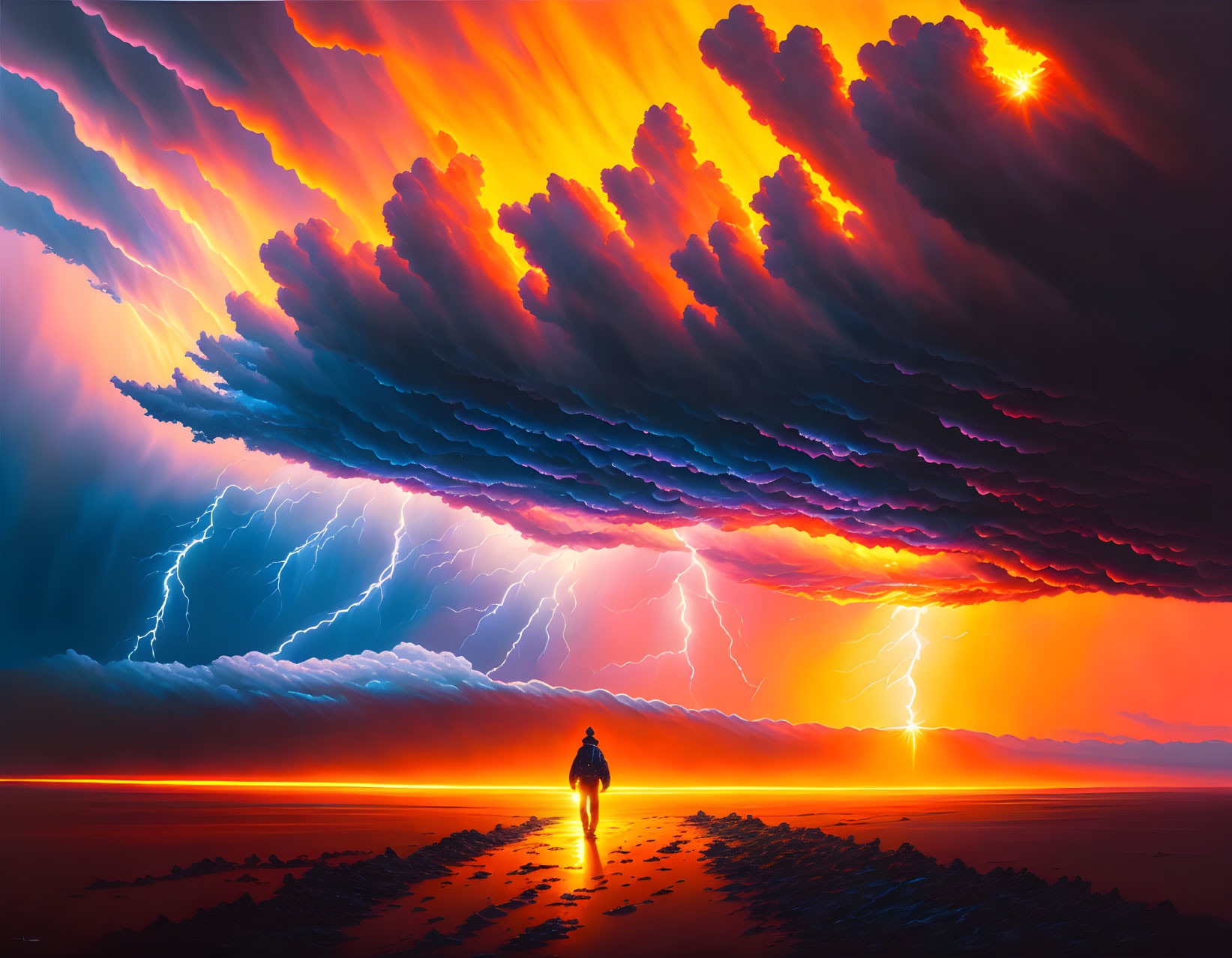 Person standing under fiery sky with lightning over reflective surface