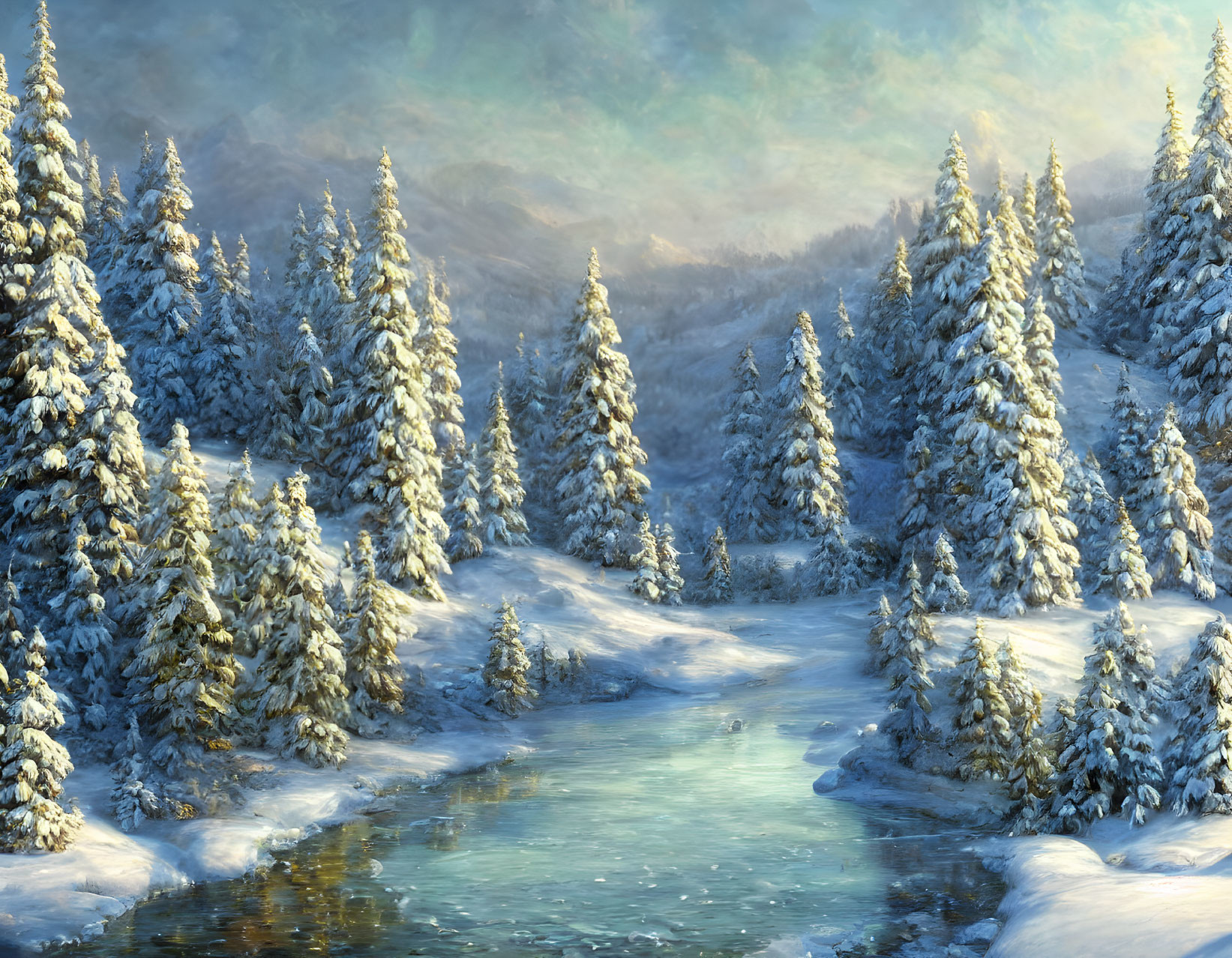 Snow-covered evergreen trees by meandering stream in serene winter landscape