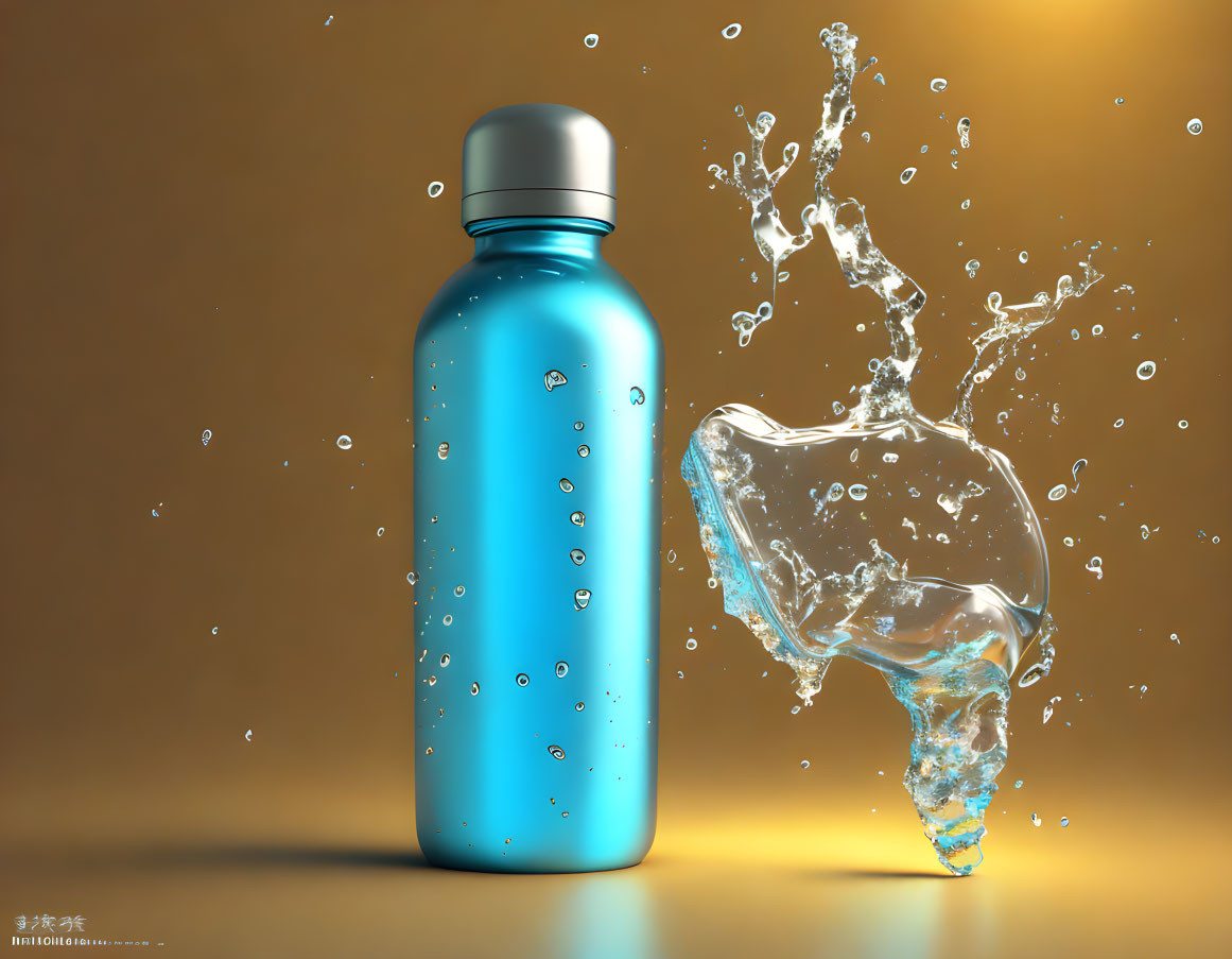 Blue Reusable Water Bottle with Dynamic Water Splash on Warm Background