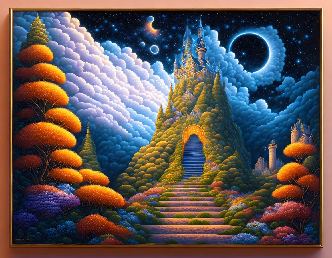 Fantasy landscape with whimsical trees, stairway, castle, starry sky, crescent moon