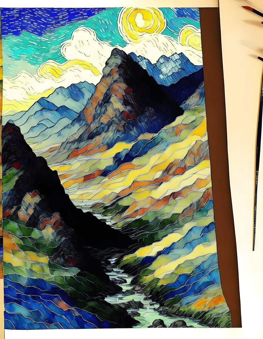 Colorful Mountain Landscape Artwork with River, Sky, and Suns Displayed Next to Paintbrushes