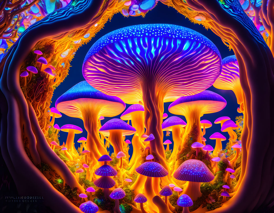 Colorful digital artwork: Luminescent fantasy mushrooms in blue and purple, surrounded by orange flora in