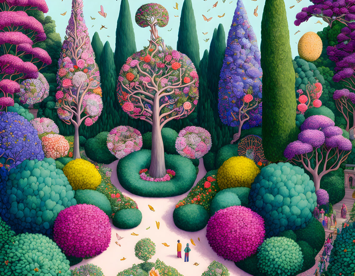 Whimsical garden illustration with fantastical trees and figures