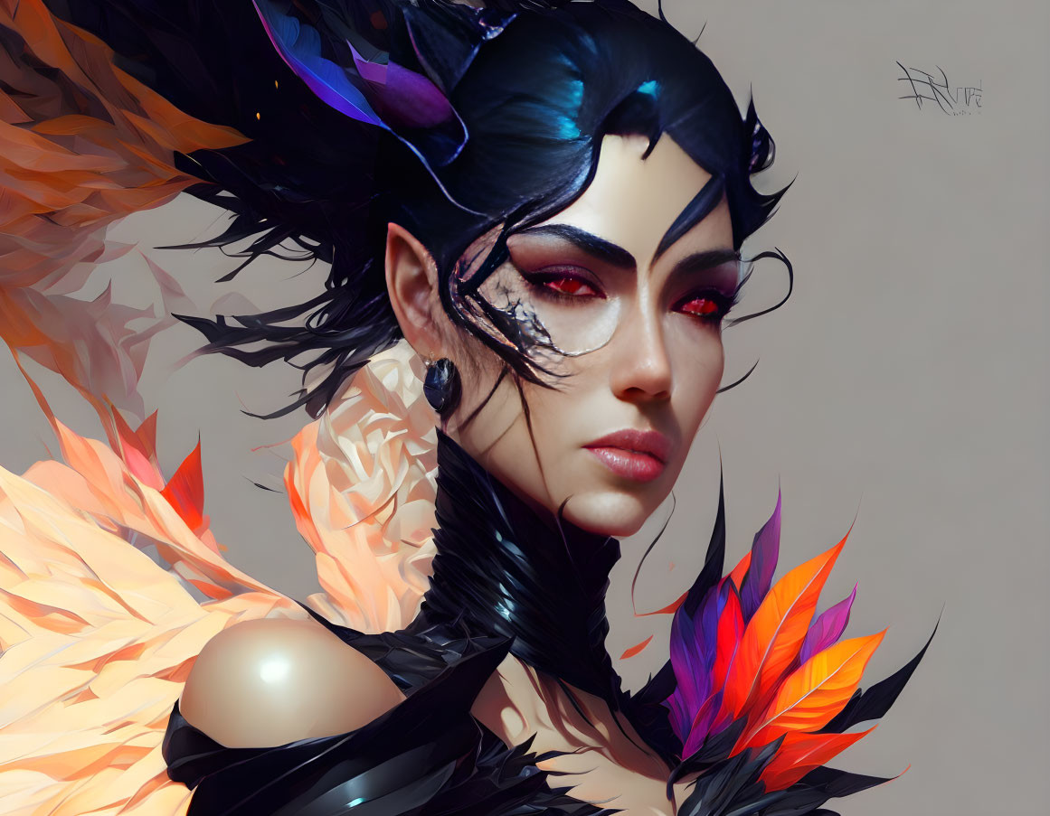 Vibrant digital artwork of a woman with black and blue hair & feathered accessories