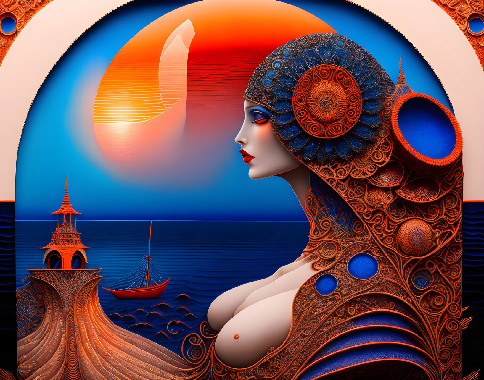 Stylized digital artwork of woman with intricate patterns by surreal sea, crescent moon, boat,