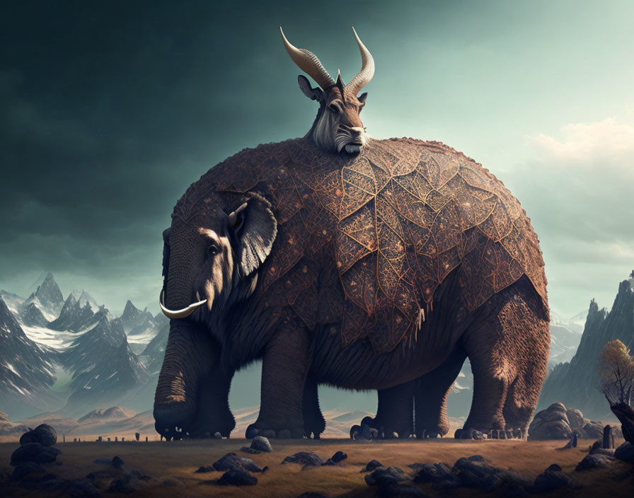 Bull-headed creature with elephant legs in mountainous setting