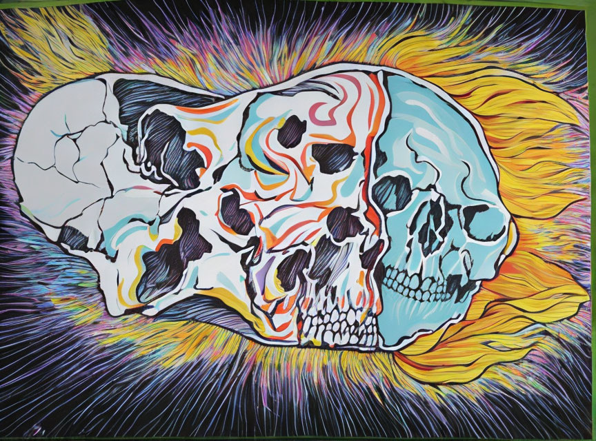 Colorful Skull Painting with Abstract Designs and Energetic Background