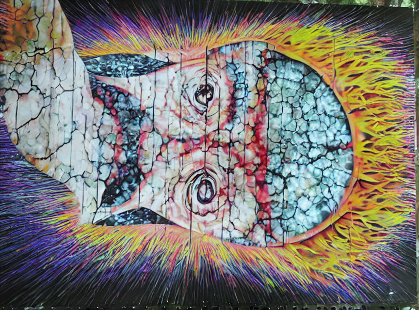 Vibrant abstract mural featuring fragmented face with fiery background