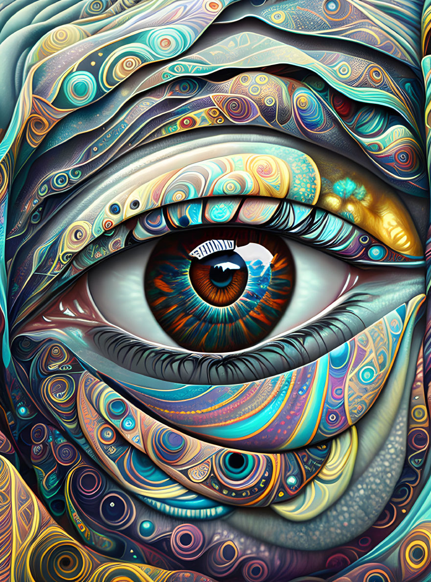 Colorful Stylized Eye Artwork with Detailed Patterns and Textures