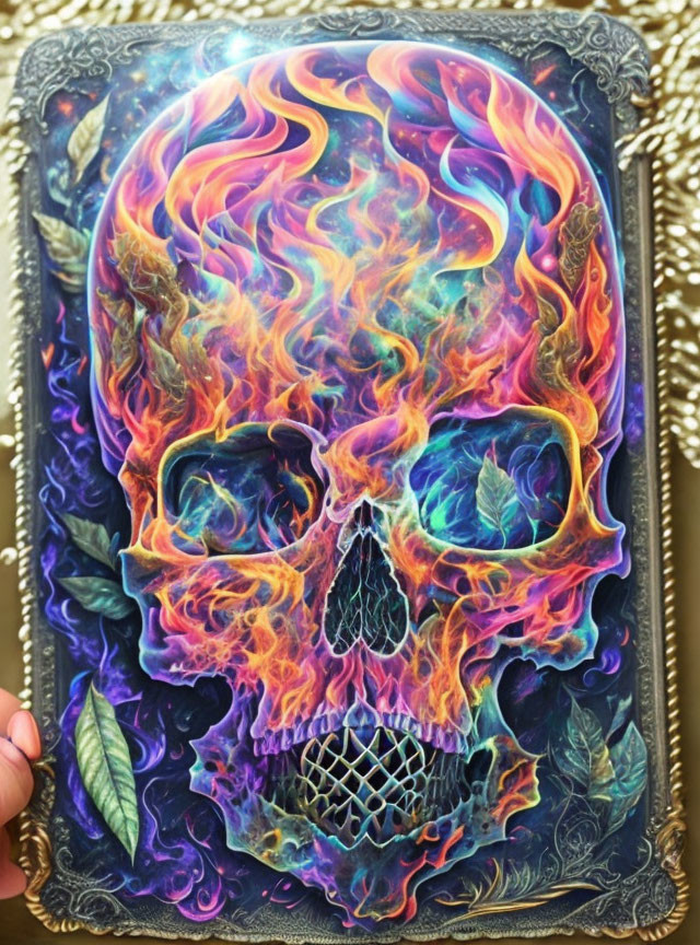 Psychedelic skull engulfed in flames with vintage leaf border