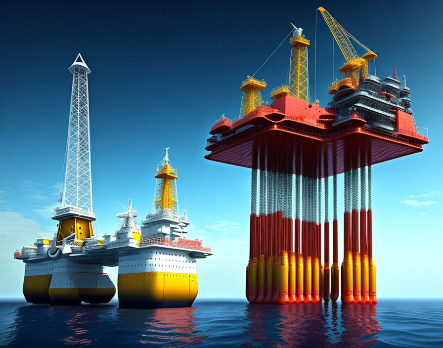 Bright Yellow and Red Oil Rigs on Clear Blue Ocean Day