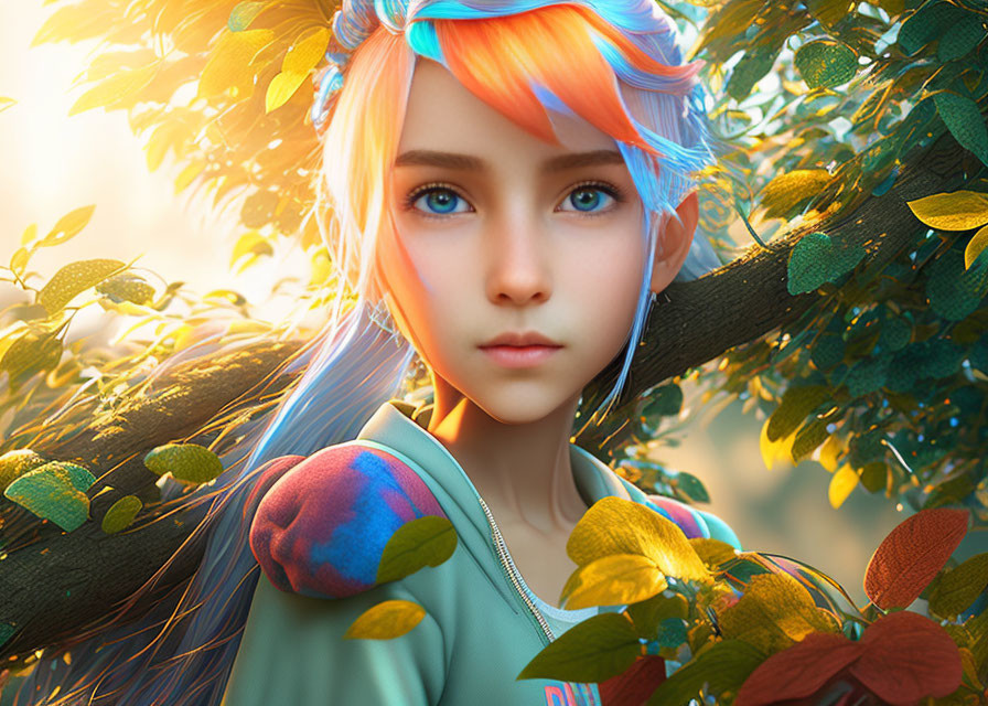 Vibrant digital artwork of a girl with blue and orange hair in lush foliage