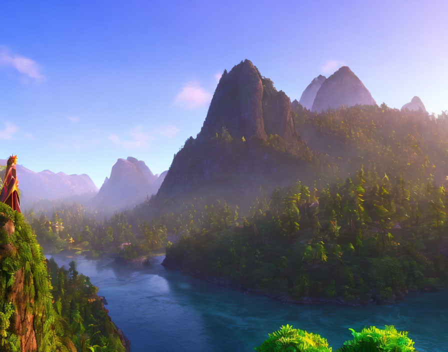 Tranquil river in lush forest valley with misty mountain peaks