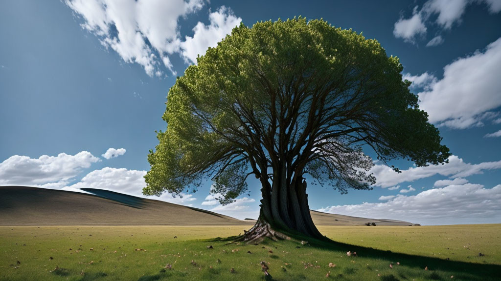 Majestic solitary tree in grassy plain with hills and cloudy sky