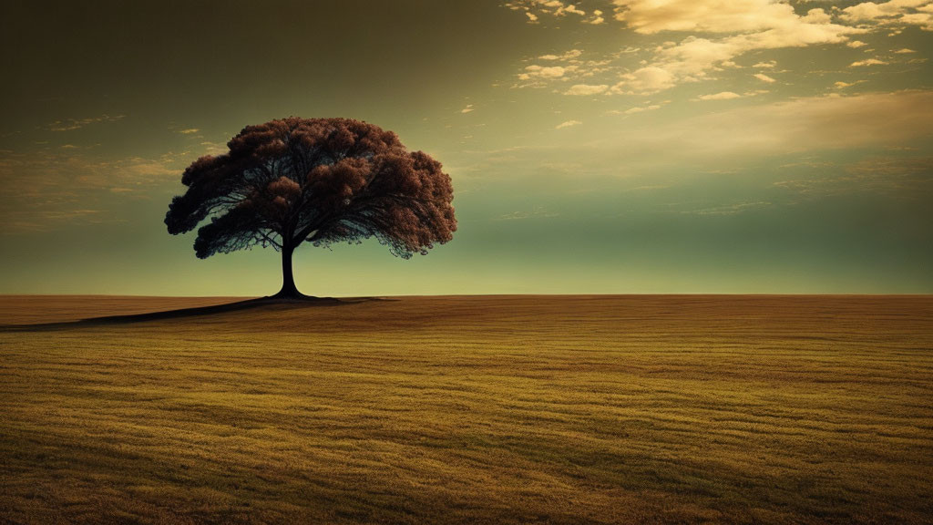 Solitary Tree in Lush Canopy Amid Vast Grassland & Gradient Sky