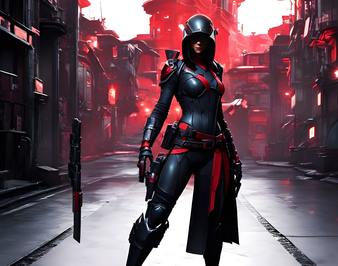 Futuristic female warrior in sleek armor in neon-lit city alleyway