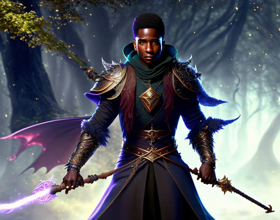 Fantasy digital artwork of warrior with glowing purple sword