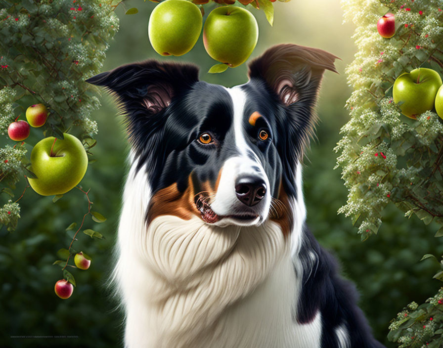 Black and white dog surrounded by green and red apples