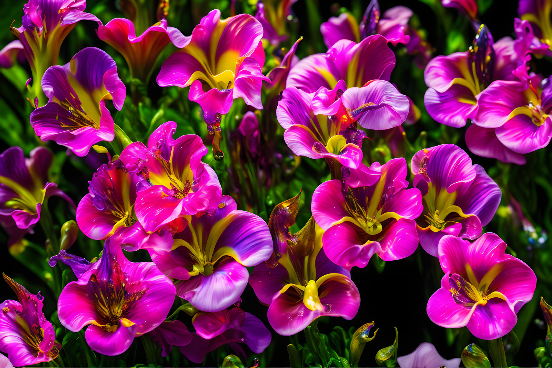 Colorful Pink and Yellow Flowers with Lush Green Leaves in Dense Arrangement